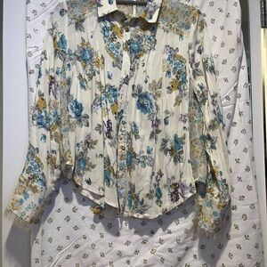 Free People Floral Button-Up Blouse - Blue and Yellow